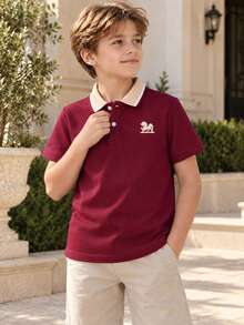 3pcs/Set Boys Multicolor Embroidered Short Sleeve Polo Shirts, Contrast Striped Collar Preppy Style Tops, Suitable For Back To School And Daily Wear - Burgundy - View 3