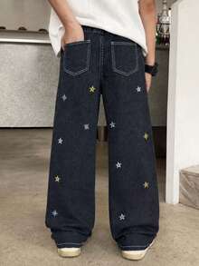 Boys' Mid-Waist Star Embroidered Loose Wide Leg Streetwear Black Denim Jeans - Black - View 2