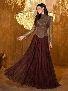 UNITHORSE [Random Cut] Women's Elegant Stand Collar Straight Long Sleeve Cuff Slit Sequin Embroidery Contrast Lace Formal Evening Gown Dress - Coffee Brown - View 4