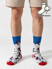 1 Pair Winter Ski Sports Pattern Round Mouth Socks, Gray Linen Color Casual Fashion Socks, Quirky Winter Aesthetic Socks, All-Over Print Ski Pattern Street Style Mid-Calf Socks, Comfortable Cotton Socks For All-Day Wear For Men - Multicolor - View 2