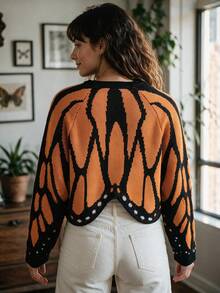 Women's Colorblock Butterfly Wing Pattern Knit Cardigan, Cute Scalloped Edge Floral Pattern Knit Top, Suitable For Vacation Wear - Orange - View 5