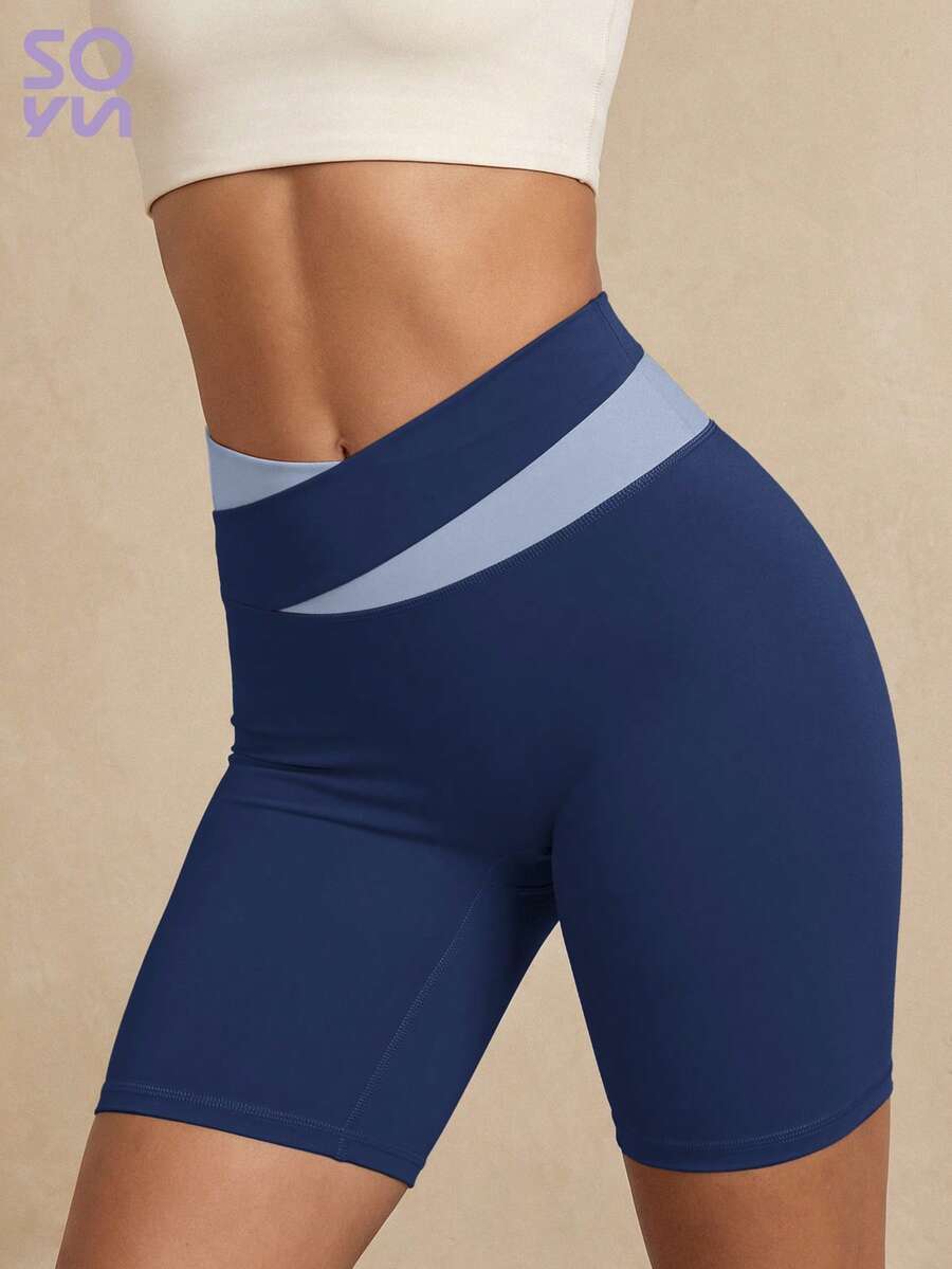 Soyun New Women's Colorblock Yoga 5-Inch Shorts, Fashionable Colorblock Design, Suitable For Outdoor Activities And Casual Wear - Blue - View 1