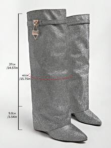 Women's Over-The-Knee Tall Boots, New Autumn/Winter Style, Slimming High Heel Chunky Heel Wedge Heel Fold-Down Boots - Silver - View 9