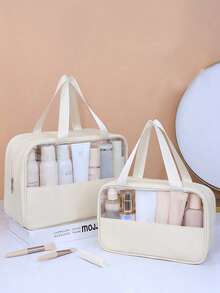 Dual Handle Large Capacity Transparent Makeup Bag, Suitable For Cosmetics And Toiletries, Beach Bag, Back To School Summer Travel Essential - Beige - View 6