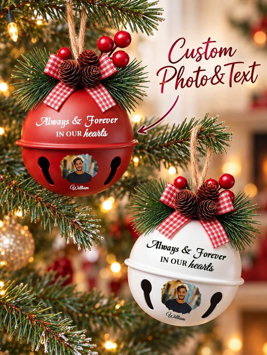 1pc Personalized Photo Memorial Bell Christmas Ornament, Custom Text In Memory Of Loved One Metal Bell,Jingle Bell Ornament 2026,Christmas Tree Hanging Decoration, Bereavement Sympathy Remembrance Keepsake Gift,Christmas Gift - Multicolor - View 1