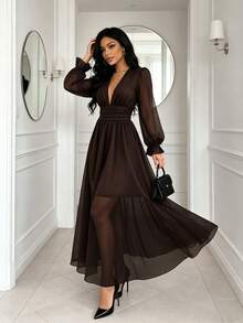 RNU Damen braunes V-Ausschnitt romantisches elegantes lässiges Urlaubs-Langarmkleid, Boho-Stil elegantes Puffärmel Rüschen V-Ausschnitt figurbetontes Maxikleid - Kaffeebraun - Übersicht 8
