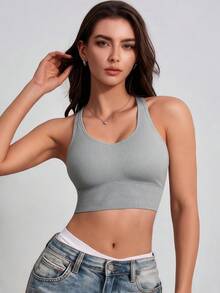 Runway Rest 女款無縫無鋼圈運動內衣，寬肩帶設計，舒適透氣 - 灰色 - 查看 5