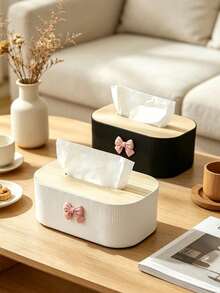 Cute Bow Decor Tissue Box, Minimalist Wood Grain Napkin Dispenser, Bedroom Living Room Office Desktop Tissue Holder, Home Decor Organizer, Rectangular Vertical Striped Tissue Storage Rack, Bedroom, Living Room, Office, Car Desktop Napkin Container, Beautiful Home Decor Organizer, Gift Choice - Multicolor - View 1