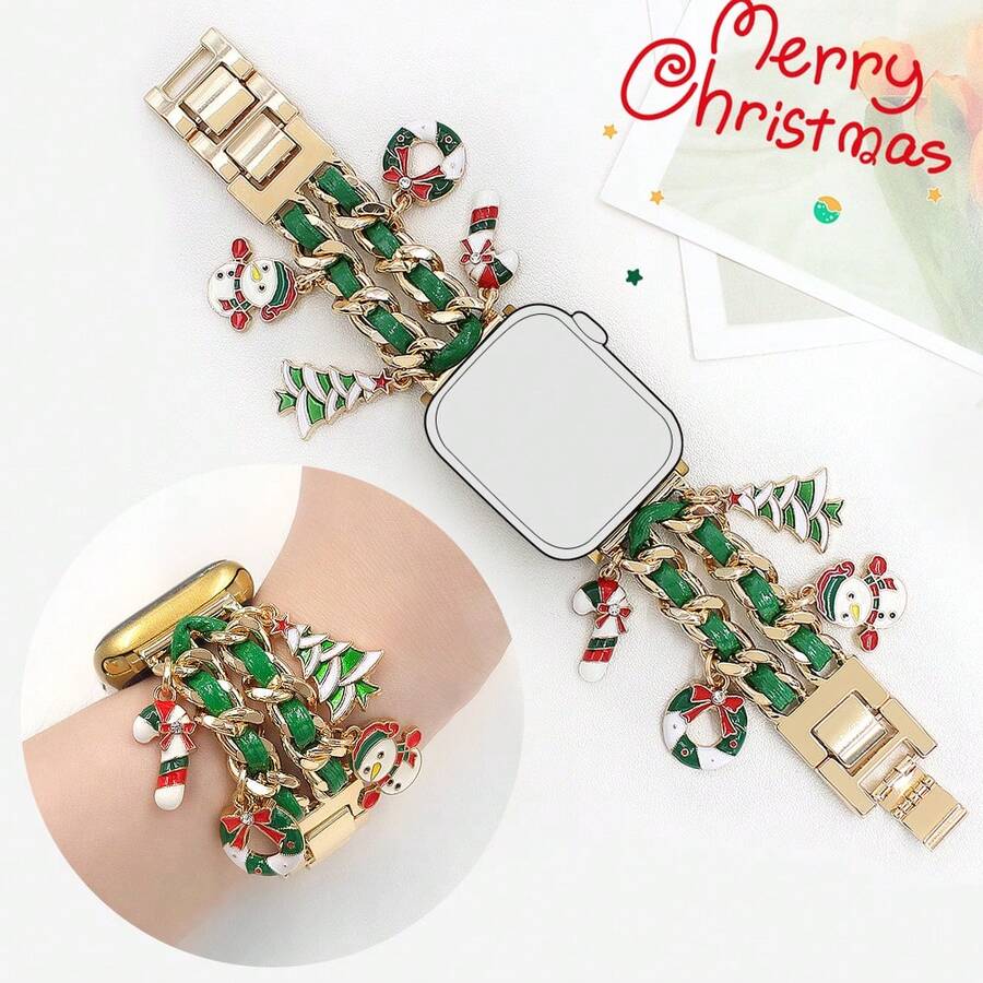 Halloween Christmas Fun Colorful Leather Oil-Drip Skull, Christmas Tree, Snowflake Pendant Metal Bracelet Watch Band Compatible With Apple Watch, Decorative Replacement Wristband Compatible With Apple Watch 38/40/41/42/44/45/46/49mm, Adjustable Length, Easy To Operate (Band Only, Watch And Case Not Included) - Green Gold - View 1