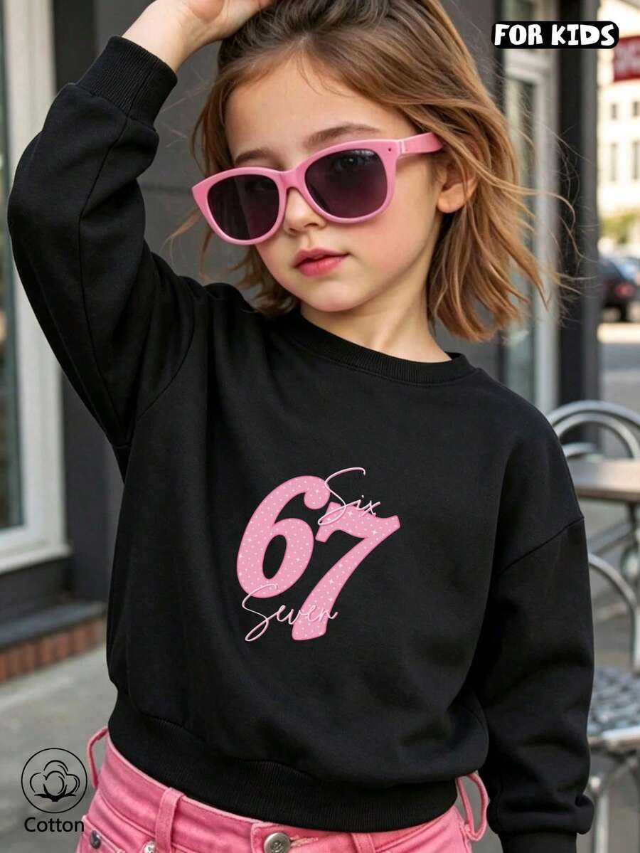 Children's Black Hoodie, Pink "67" And Handwritten Print, Round Neck, Soft And Breathable, Suitable For Daily Wear In Spring And Autumn - Black - View 1