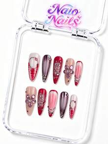 NAIO 10片裝 3種尺寸 杏仁形/尖頭/短方型 手工穿戴甲，秋季美甲，紅粉漸層與金屬紫色鏡面，蛇紋搭配金屬線與紫色水鑽裝飾，亮面假指甲，適合日常與派對穿著，附美甲工具組 - 彩色 - 查看 4