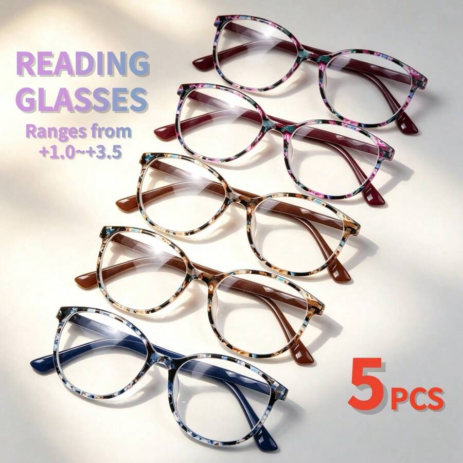 3pcs/5pcs Oval Fashion Women's Reading Glasses, Colorful Floral Frame, Design, Premium PC Frame With Comfortable Spring Temples, Suitable For Daily Office Use, Women's Reading Glasses Combo Pack - 2 Purple + 2 Brown + Blue - View 1