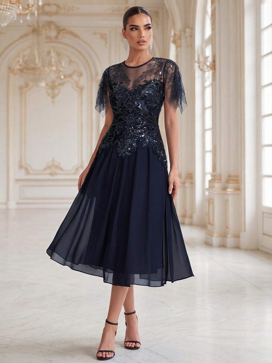 EVERPRETTY Elegant Luxury Heavy Beaded Sequin Chiffon Patchwork Ruffle Sleeve A-Line Navy Blue Formal Evening Gown Suitable For Evening Party Wedding Guest Anniversary