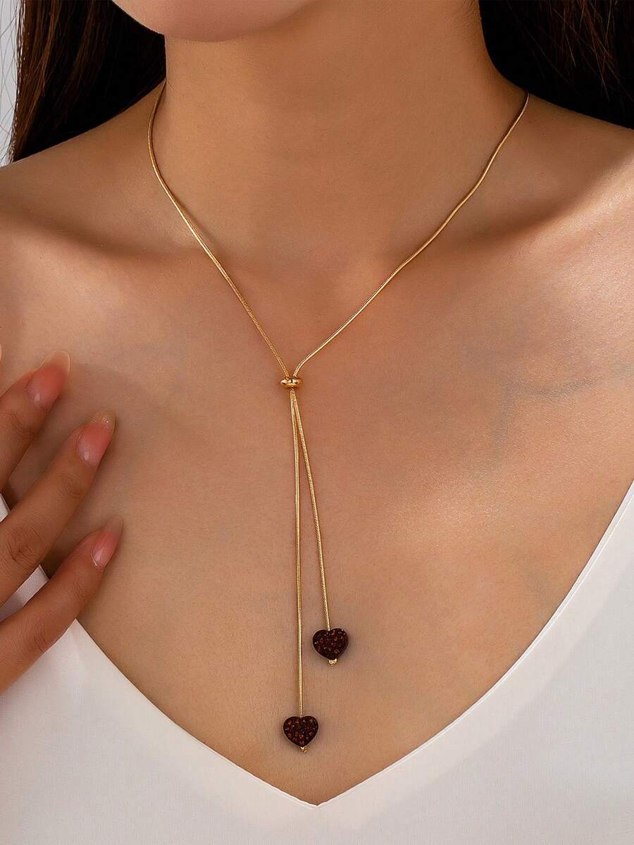 Fashion Heart-Shaped Rhinestone Pendant Necklace For Women, Daily Wear, Valentine's Day Gift - Coffee Brown - View 1