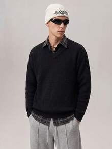 Vaulklash Unisex Men's Korean Style Lazy Versatile Casual Loose Fit Pullover Knit Sweater - Black - View 1