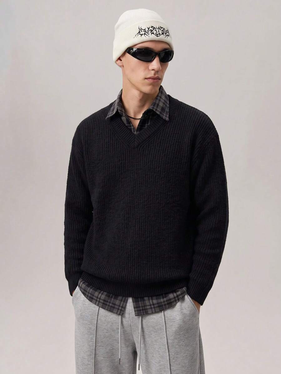 Vaulklash Unisex Men's Korean Style Lazy Versatile Casual Loose Fit Pullover Knit Sweater - Black - View 1