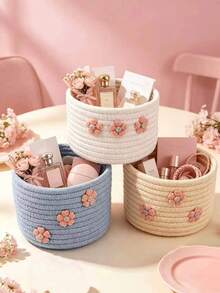 1pc Creative Handmade Woven Desktop Storage Basket, 3D Exquisite Flower Design, Gift Hair Accessories Keys Wallet Sundries Organizer Box, Home Decor, Holiday Gift - Multicolor - View 3