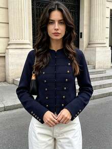 DEEKA Cardigan Rajut Kancing Depan Gaya Eropa & Amerika Terbaru untuk Wanita, Musim Gugur, Modis, Minimalis, Serbaguna - Navy Blue - View 3