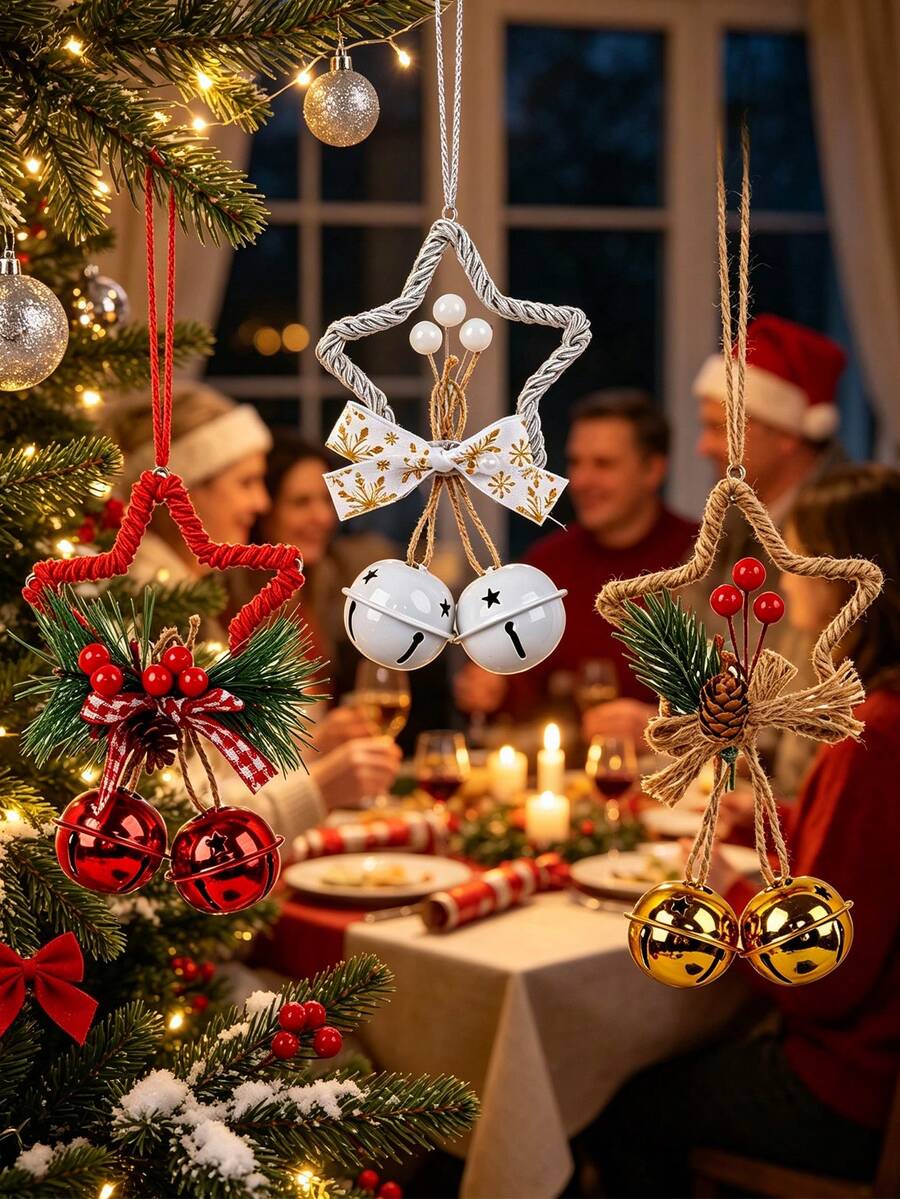 1pc Christmas Star Bell Hanging Ornament, Hemp Rope Wrapped Frame With Pine Cone, Christmas Tree Decoration, Christmas Home Decor, Suitable For Christmas Tree, Window Display, Holiday Party And Winter Festive Atmosphere