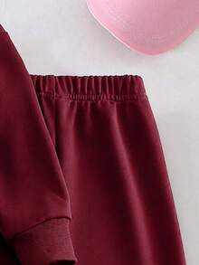 Tween Girl Cartoon Bow Pattern Solid Color Sweatshirt & Pants Set, Minimalist Design, Comfortable For Spring, Autumn, Winter, 2 Pieces Set - Burgundy - View 5