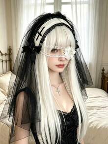 Lolita Style Hair Accessory Eye Mask, Halloween Lace Eye Mask, Dark Style Headband, Gothic Bow Elegant Accessory, Cosplay Shawl Head Veil, Halloween - Multicolor - View 3