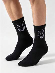 5 Pairs Men's Mid-Calf Socks, Black Printed Pattern, Street Dark Style, Comfortable And Versatile - Multicolor - View 6