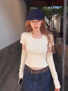 Sexy Sweet Girl Design Slimming Top Women's Atmosphere Patchwork Sleeve Cuff Button Knit Sweater Autumn New Slim Fit Sweater, Detachable Sleeve - Apricot - View 4