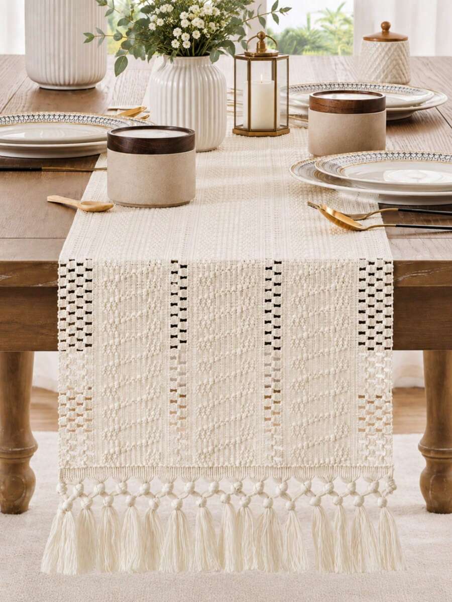 Bohemian Style Woven Tassel Table Runner, Hollow Texture Farmhouse Style Dining Table Decor, Suitable For Restaurant, Kitchen Dining Table, Coffee Shop, Banquet, Home Party Decoration - A - View 1