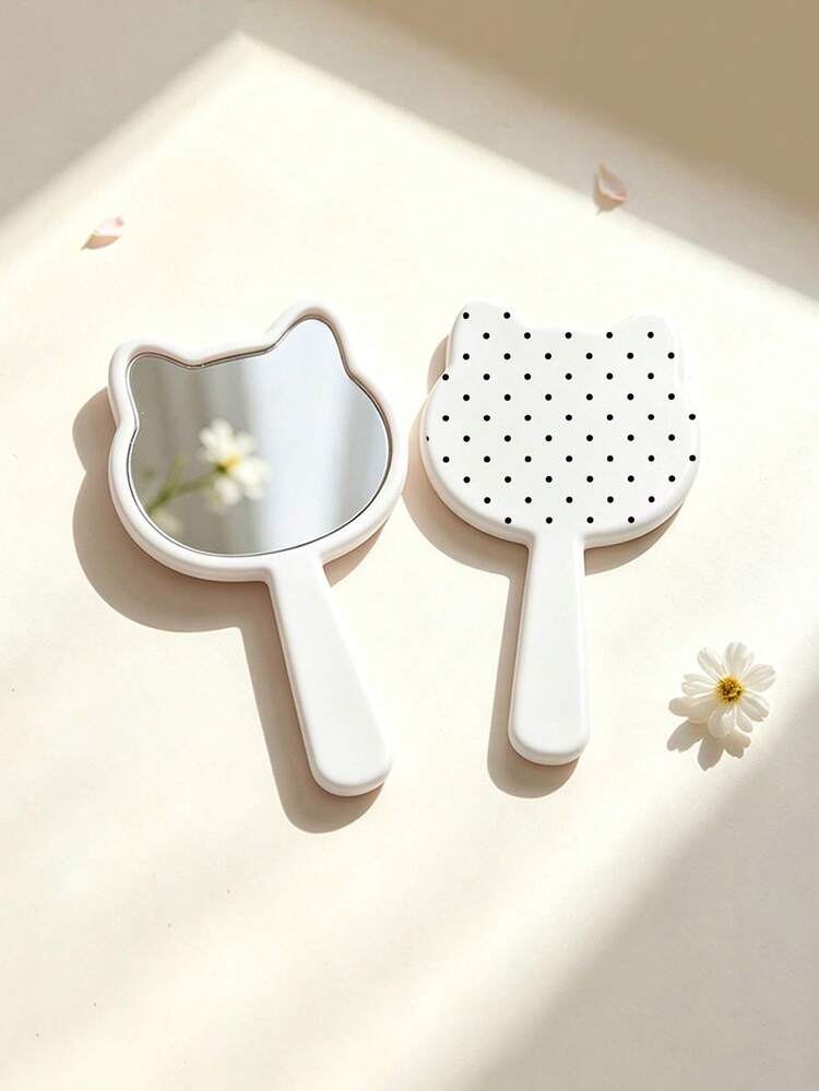 可愛貓咪波點圖案手持鏡，防潮鏡面，適合浴室使用。輕巧便攜且易於使用。聖誕節/婚禮季/情人節理想禮物。 - 彩色 - 查看 8