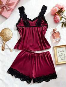 2pcs/Set New Colorblock Women's Sexy Lingerie Set, Lace Trim Ruffle Top + Lace Patchwork Panties, Comfortable Home Sleepwear Sexy Lingerie Set - Burgundy - View 3