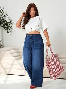 Plus Size Straight Leg Wide Leg Women's Jeans, Solid Color Denim Fabric Washed Denim Straight Leg Wide Leg Jeans, Suitable For Daily, Holiday, College, All Seasons - Blue - View 3