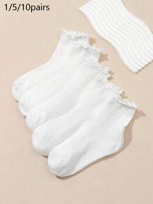 1/5/10 Pairs Women's White Ruffle Mid-Calf Socks, Breathable Elastic Non-Constricting, Cute Sweet Versatile Ruffle Socks - White - View 5
