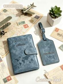 Custom Engraved Passport Cover And Luggage Tag Set, Personalized PU Leather Passport Holder, World Map Travel Document Protector, Customized Name Travel Gift, Suitable For Holiday Travel - Multicolor - View 3