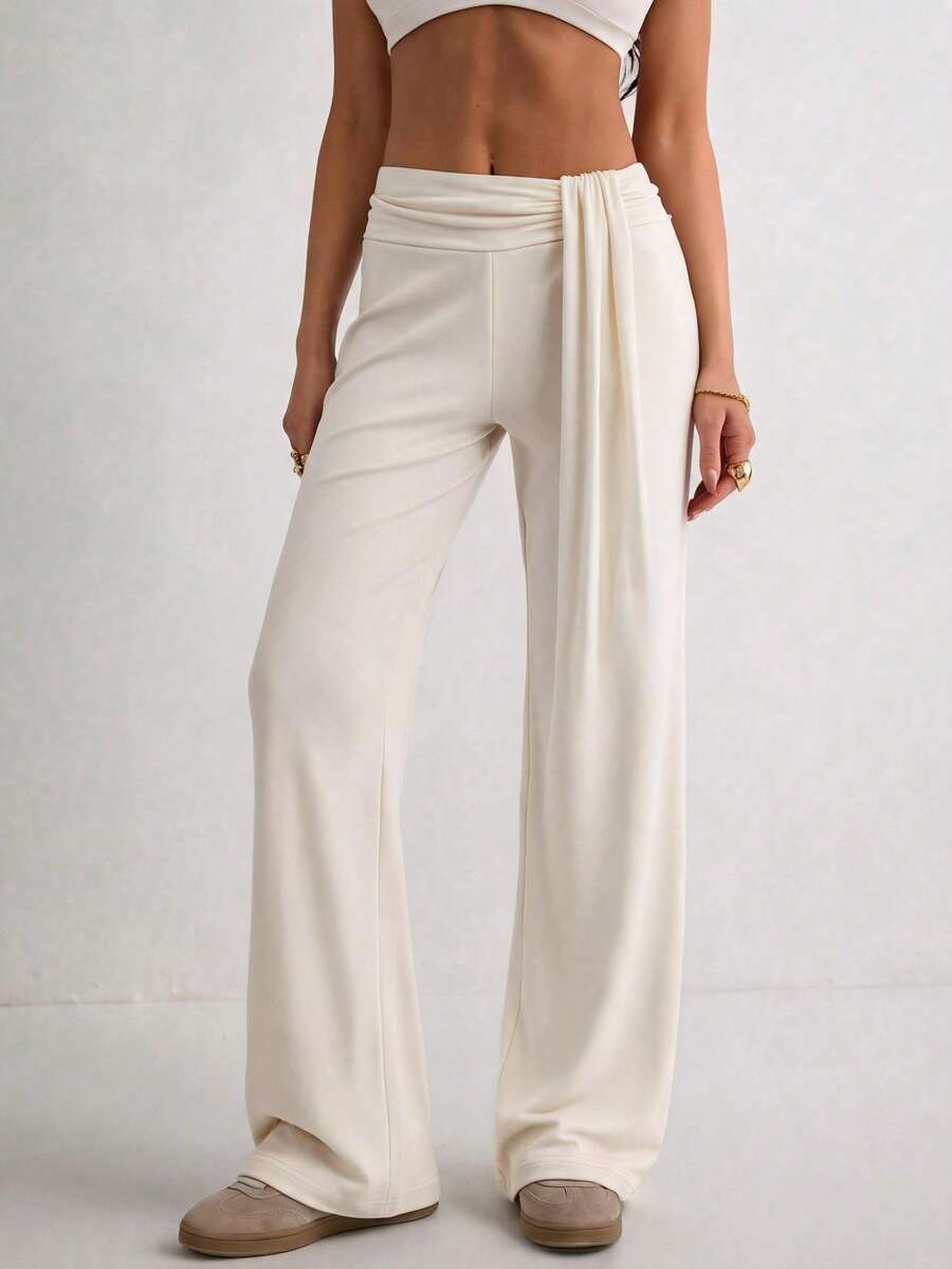 Women's High Waist Wide Leg Pants With Draped Sash Detail - White - View 1