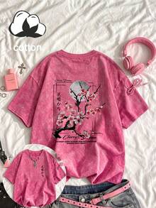 Plus Size Washed Cotton Short Sleeve T-Shirt - Cherry Blossom Print, Y2K Street & College Style - Versatile Y2K Women's Clothing - Dragon Summer - Dragon Fruit Color - View 10
