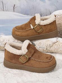 Women's Winter Thermal Lined Thickened Closed Toe Winter Shoes, Solid Color Drawstring Design Low Vamp Fashion Flat Bottom Snow Boots - Khaki - View 6