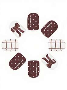 24pcs Short European-Style Fake Nails With A Shiny Brown Plaid Pattern And White Polka Dot Bow Design, Reusable, Full Coverage, Detachable Nail Set For Women, Perfect For Parties, Proms, And Everyday Wear. - Multicolor - View 4
