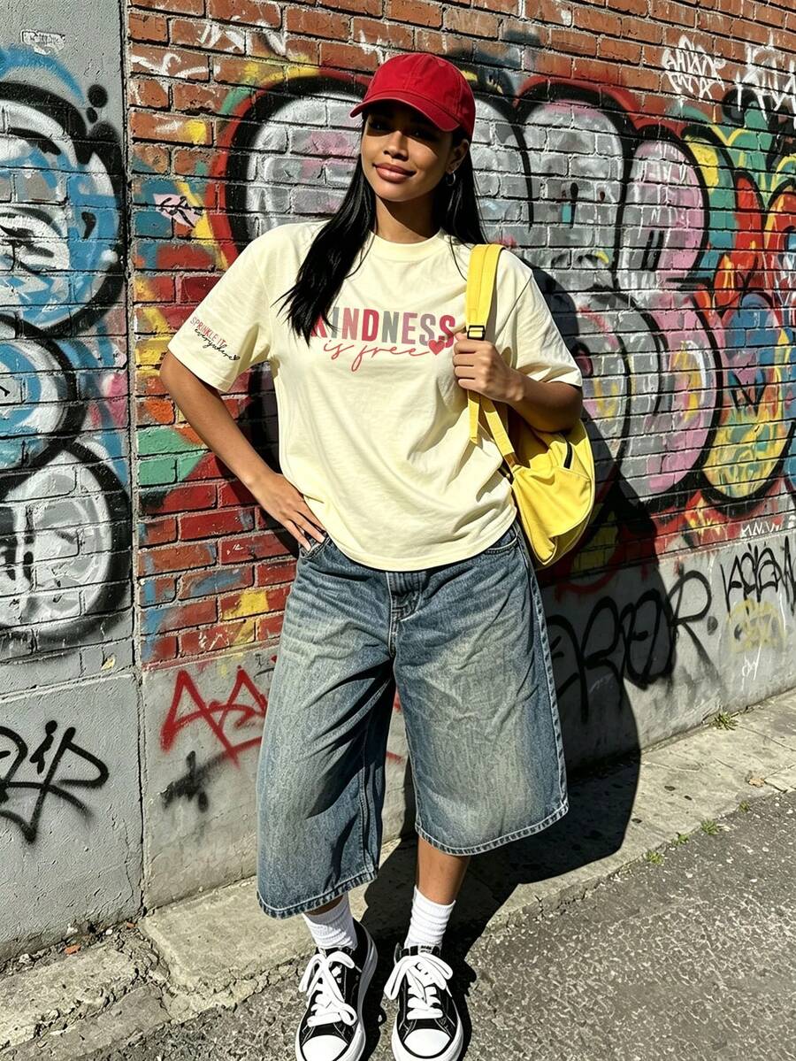 女款新款休閒可愛圖案寬鬆百搭圓領短袖T恤,時尚日常上衣,黃色夏季款 - 黃色 - 查看 1