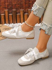 XfxfLadies' Color Blocked Flat Casual Shoes With Elastic Pleats At The Heel, Suitable For Casual Daily/Commuting/Shopping/Travel Wear. - Beige - View 6