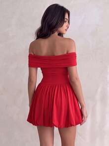 Petite Off-The-Shoulder Red Knit Mini Dress, Elegant Casual Dress For Parties, Going Out, Vacations, Graduation & Festivals - Red - View 2