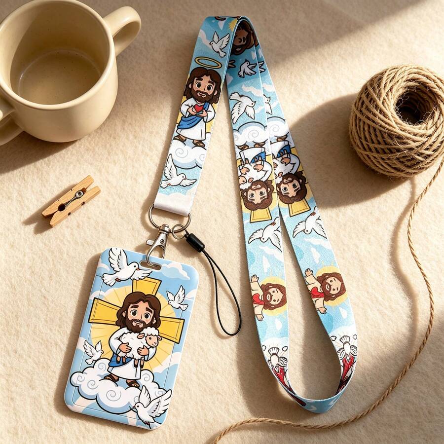 1 Piece Cute Jesus Lamb Dove Lanyard With ID Card Holder, Christian Cartoon Badge Holder For Work School Office, Lovely Gift For Believers - Multicolor - View 1
