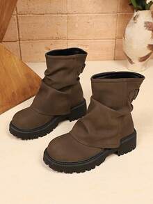1 Pair Women's Rusty Brown Ruched Mid-Calf Boots, Y2K Hot Girl Style, Soft Comfortable PU Material, Round Toe, Platform Thick Sole, Suitable For School, Work, Commute, Shopping, Vacation, Outdoor Wear, Autumn/Winter New Style - Rust Brown - View 6