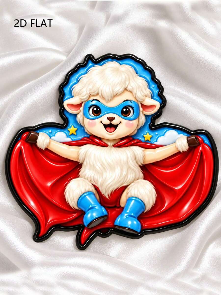 2D Flat Lamb Brooch, Blue Eye Mask Red Cape Superhero Sheep Design, Cute Style Coat Sweater Backpack Hat Decoration Accessory - A - View 1