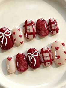 10Pcs Christmas Short Oval Press On Nails,Reusable Handmade False Nails,Nude & Deep Red Base,3D White Bowknot With Rhinestone,Red Plaid & Heart Pattern,Red Glitter,Ins Sweet Festive Nail Art For Xmas Party Daily Holiday Manicure - Multicolor - View 3