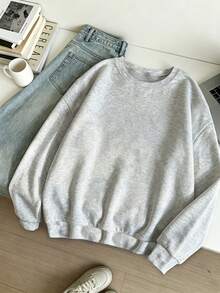 Women's Round Neck Sweatshirt, Printed Pattern With Eerie Vibe, Simple Casual - Light Grey - View 2