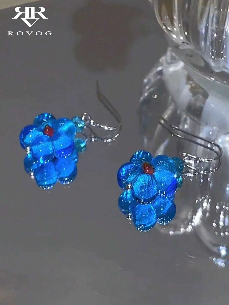 1 Pair Exquisite Vintage Blue Flower Earrings Suitable For Women's Daily, Vacation And Party Wear - Blue - View 1