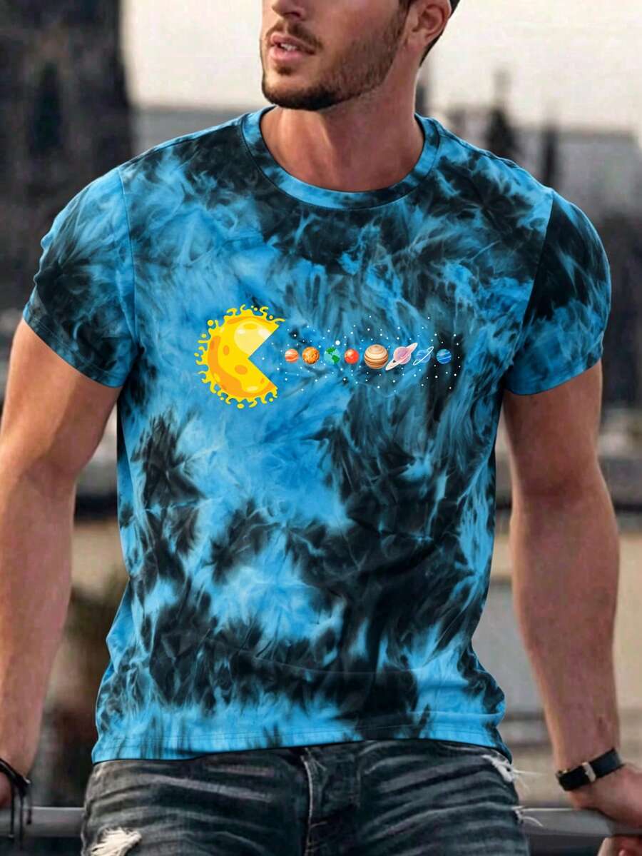 男士圓領趣味星球元素不規則圖案紮染布料印花短袖休閒寬鬆版型T恤,街頭風、戶外、疊穿、日常穿著 - 彩色 - 查看 1