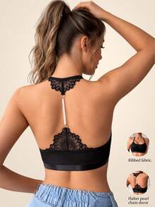 Women's Fashion Black Ribbed Halter Neck Bra, Adjustable Spaghetti Strap, Wireless - Black - View 1