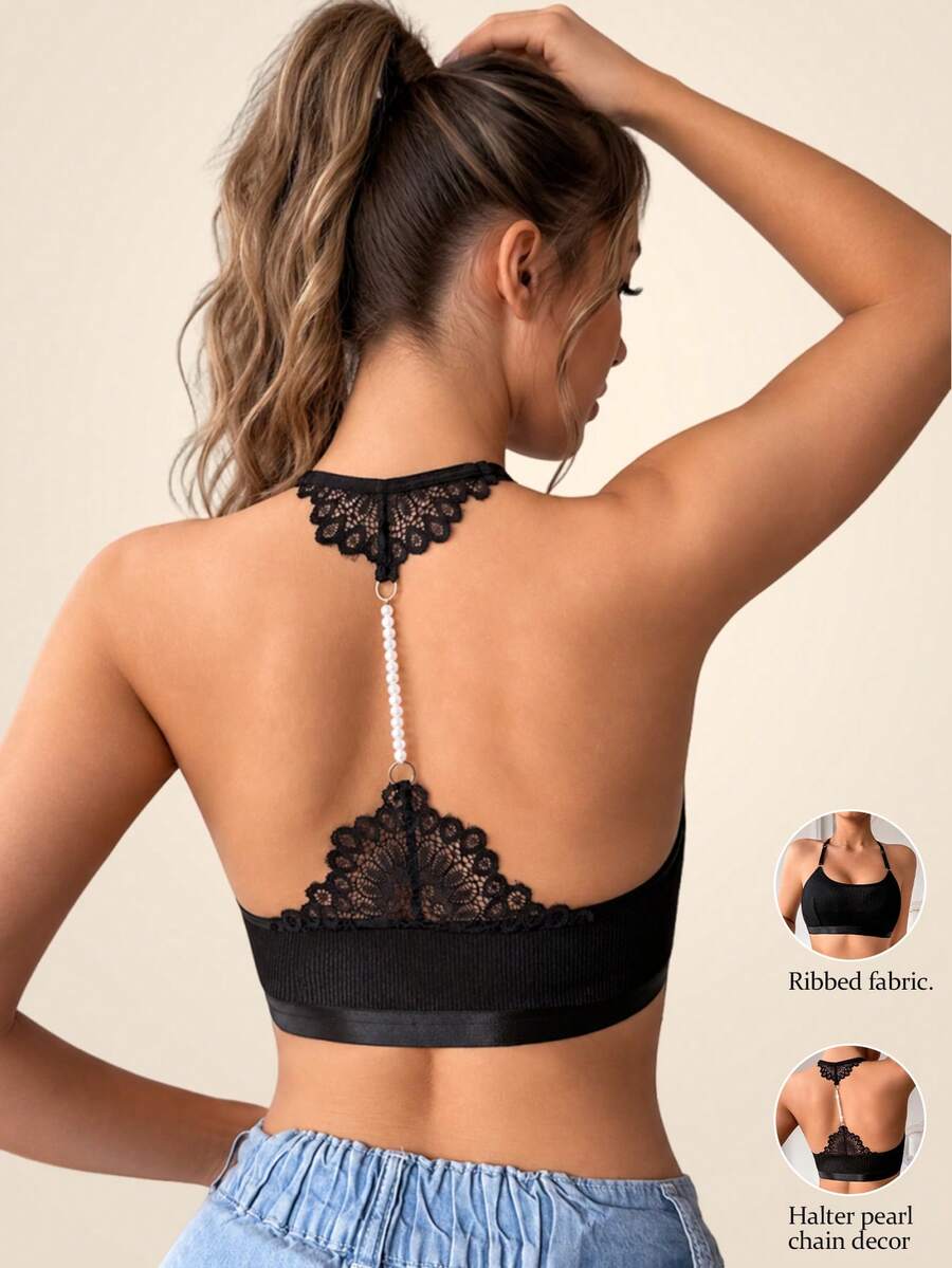 Women's Fashion Black Ribbed Halter Neck Bra, Adjustable Spaghetti Strap, Wireless - Black - View 1