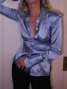SCARLUX Fall Winter Women Y2K Satin Turn-Down Collar Shirt, Fitted Long Sleeve Top, Light Blue For Street Commute Party & Back To School - Blue - View 6